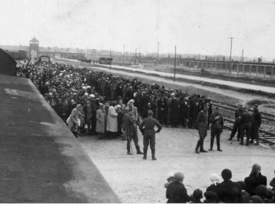 Photograph documenting the arrival process of Hungarian Jews from the Tet Ghetto to the Auschwitz II-Birkenau extermination camp in Poland in 1944.