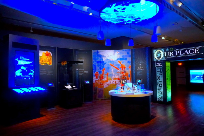 The Our Place section of the Museum of the Bible’s new exhibition, “Scripture and Science: Our Universe, Ourselves, Our Place,” seen with its vibrant colors on the exhibit's opening day on Jan. 19, 2023.