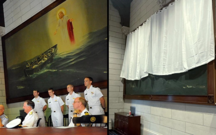 (Left) A painting of Jesus at the U.S. Merchant Marine Academy in Kings Point, New York. (Right) The painting is now obscured by a white curtain. 