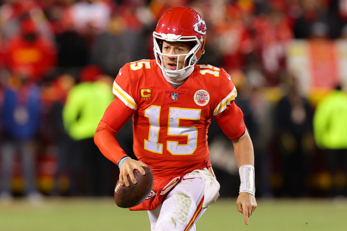 Patrick Mahomes of the Kansas City Chiefs plays against the Cincinnati Bengals during the fourth quarter in the AFC Championship Game at GEHA Field at Arrowhead Stadium on Jan. 29, 2023, in Kansas City, Missouri.