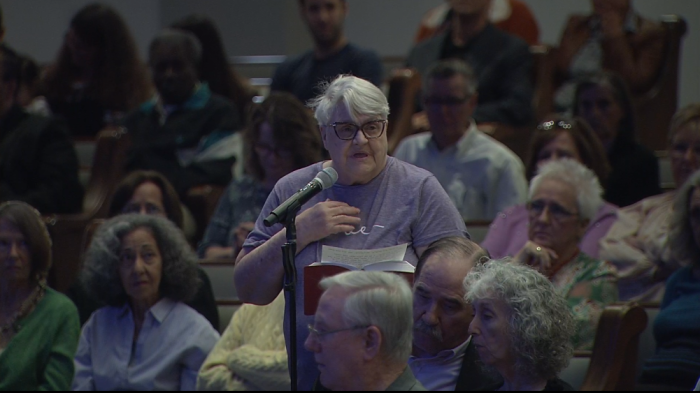 A congregant at First Baptist Church Jacksonville in Florida explains why she supports her church's statement on gender and sexuality on Sunday, January 29, 2023.