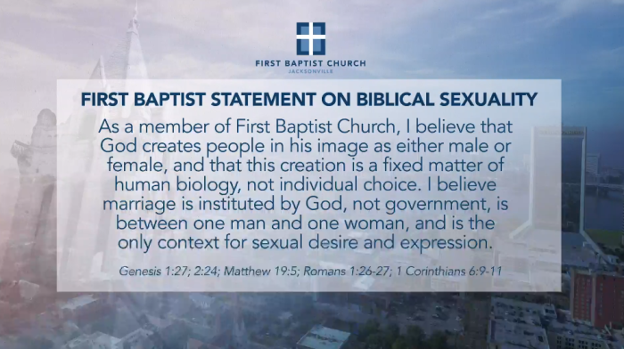 The First Baptist Church of Jacksonville's statement on biblical sexuality.