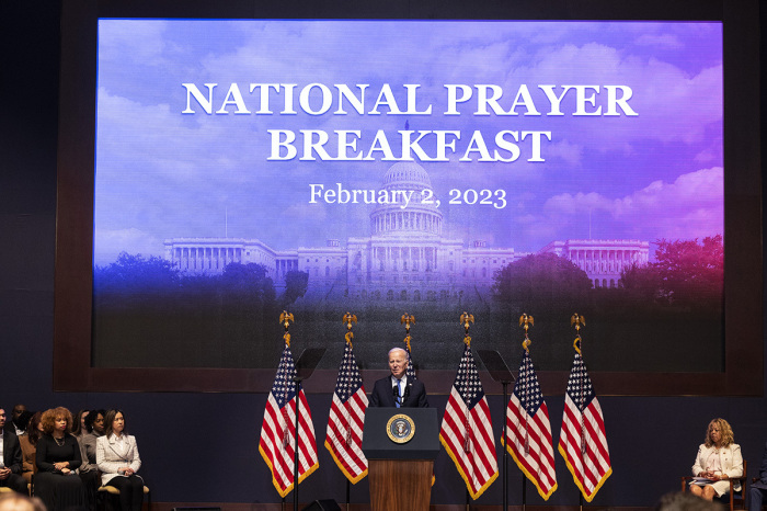 U.S. President Joe Biden delivers remarks at the National Prayer Breakfast at the U.S. Capitol on February 02, 2023, in Washington, D.C. The National Prayer Breakfast is a yearly bipartisan event that brings together religious leaders and politicians for a morning of prayer and reflection. 