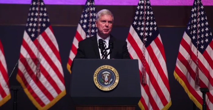 Pastor Jim Cymbala of The Brooklyn Tabernacle in Brooklyn, New York, gives remarks at the National Prayer Breakfast in Washington, D.C., on Feb. 2, 2023. 