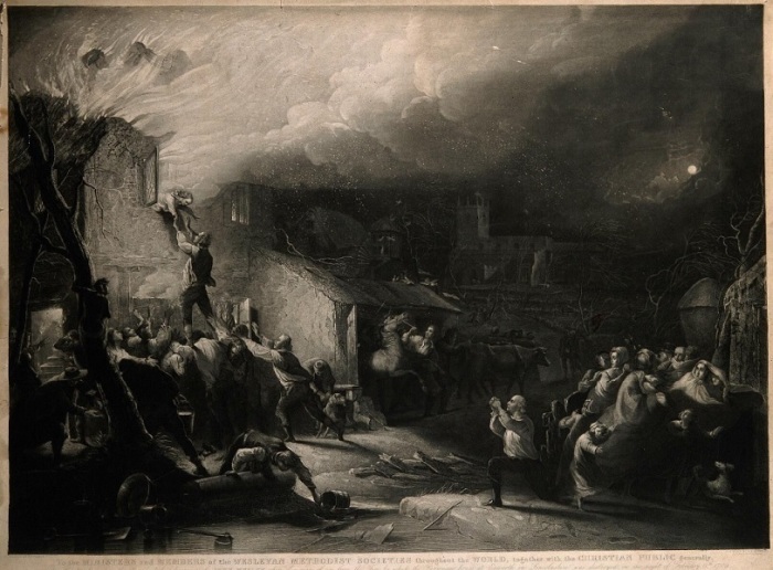 A 19th century painting by H.P. Parker depicting the 1709 parsonage fire in which future Methodism founder John Wesley was rescued, along with his siblings and parents. 