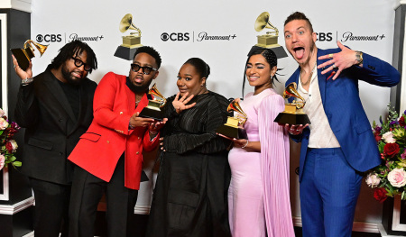 Choir Maverick City Music poses with the awards for Best Contemporary Christian Music Album and Best Gospel Album in the press room during the 65th Annual Grammy Awards at the Crypto.com Arena in Los Angeles on February 5, 2023.