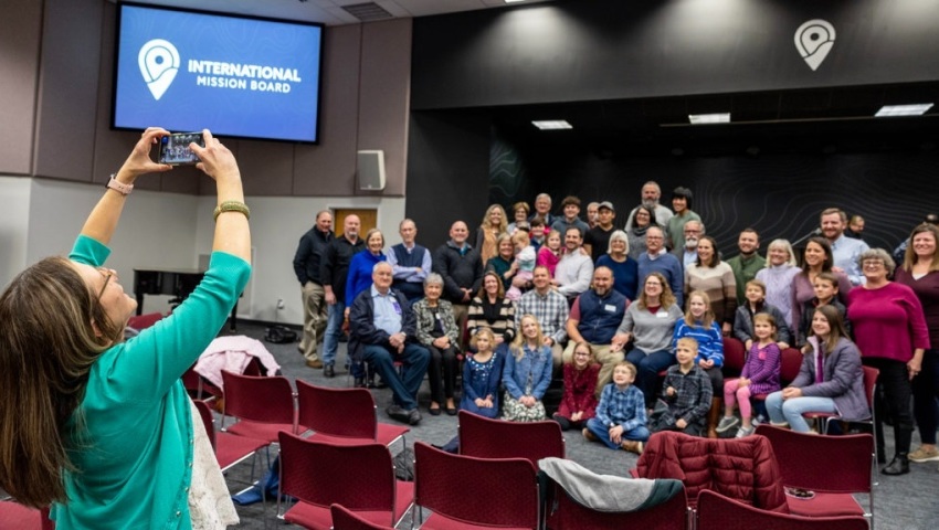 Fifty members of Coats Baptist Church of Coats, North Carolina, gather for a group photo with their newly appointed missionaries, and fellow members, Bradley and Ember Wilkie. The church rented a bus and drove to Richmond, Virginia, for the International Mission Board of the Southern Baptist Convention's Sending Celebration, which took place on Wednesday, Feb. 1, 2023.