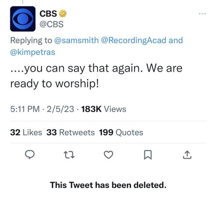 This now-deleted tweet from Feb. 5, 2023, showed CBS promoting a performance of 'Unholy' during the 65th Grammy Awards with a caption that read, 'We are ready to worship!'