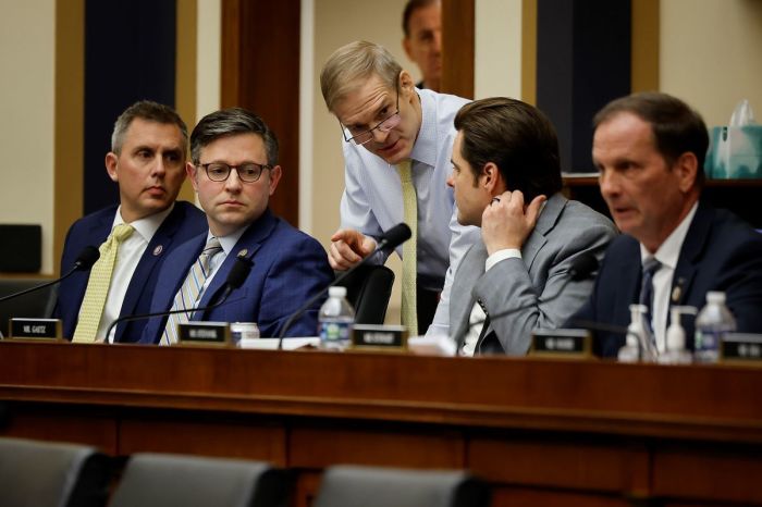House Judiciary Committee Chairman Jim Jordan, R-Ohio, (C) talks with fellow Weaponization of the Federal Government Subcommittee (L-R) Rep. Kelly Armstrong, R-N.D., Rep. Mike Johnson, R-La., Rep. Matt Gaetz, R-Fla., and Rep. Chris Stewart, R-Utah, during their first hearing in the Rayburn House Office Building on Capitol Hill on February 09, 2023 in Washington, DC.