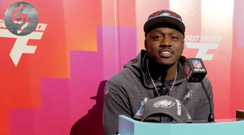 AJ Brown speaks with the media ahead of Super Bowl LVII in February 2023.