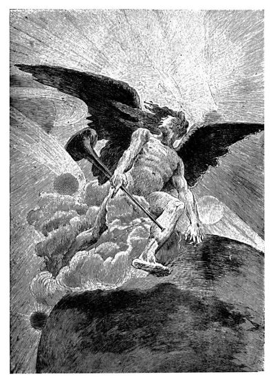 Illustration of a an angel, having sounded the trumpet to announce the Day of Judgment, tears down the Sun, which definitely means the End of the World as we know it