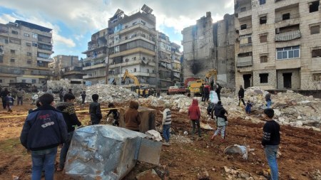 Aid workers conduct an assessment in Syria following the 7.8-magnitude earthquake that hit Turkey and Syria on Feb. 6, 2022.