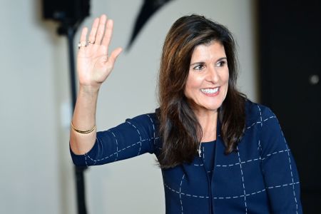 Nikki Haley waves to supporters after an event with Republican Pennsylvania Senate nominee Dr. Mehmet Oz on October 26, 2022, in Harrisburg, Pennsylvania.