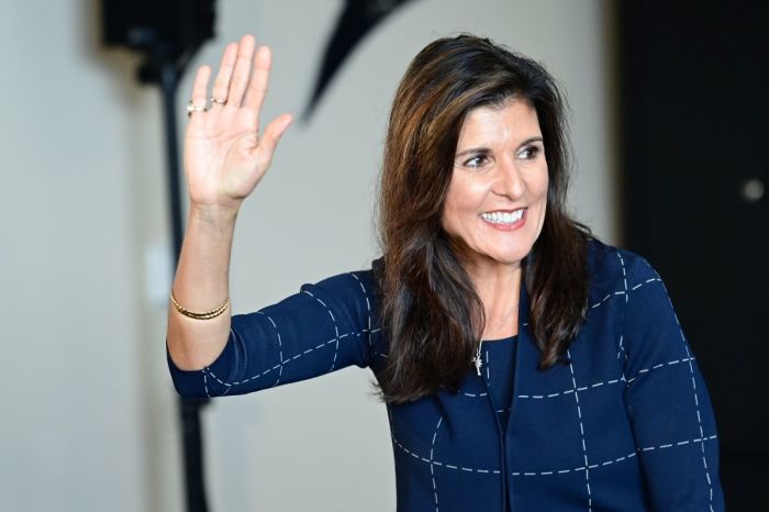 Nikki Haley waves to supporters after an event with Republican Pennsylvania Senate nominee Dr. Mehmet Oz on October 26, 2022, in Harrisburg, Pennsylvania. 