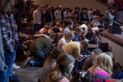 Chapel worship at Cedarville University of Cedarville, Ohio, February 2023. 