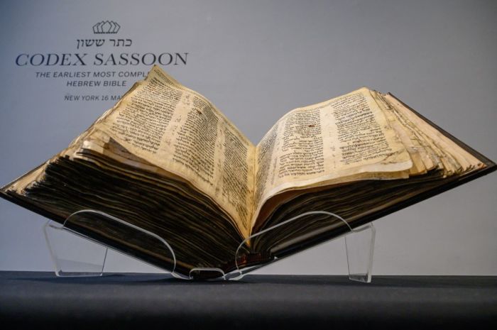 The Codex Sassoon bible is displayed at Sotheby's in New York on February 15, 2023. (Photo by Ed JONES / AFP) (Photo by ED JONES/AFP via Getty Images) 