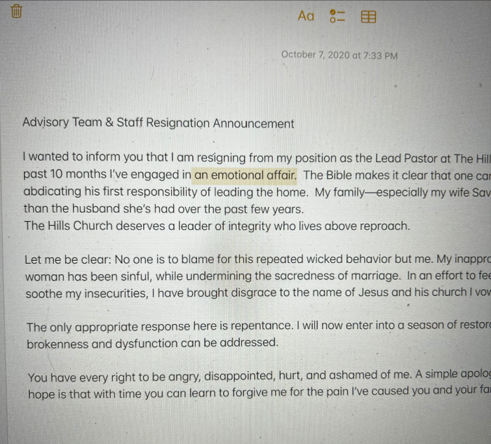 A screenshot of Patrick Garcia's original resignation letter that was sent to The Hills Church in Indiana.