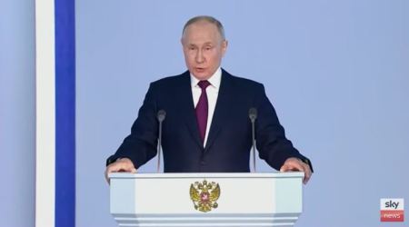 Russian President Vladimir Putin addressing the Federal Assembly on Feb. 21, 2023.