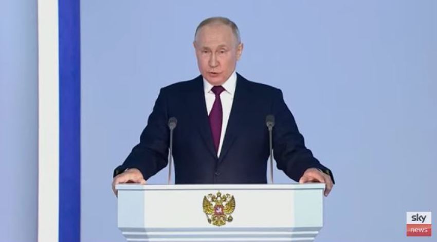 Russian President Vladimir Putin addressing the Federal Assembly on Feb. 21, 2023.