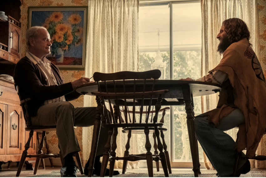 (L-R) Kelsey Grammer as Chuck Smith and Jonathan Roumie as Lonnie Frisbee in the film, "Jesus Revolution," a Lionsgate release. 