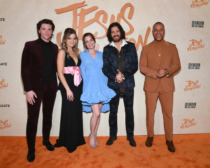 Joel Courtney, Anna Grace Barlow, Kimberly Williams-Paisley, Jonathan Roumie and DeVon Franklin appear at 'Jesus Revolution' premiere. 
