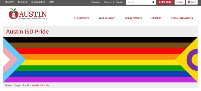 A screenshot of an intersex rainbow flag on the Austin ISD website.