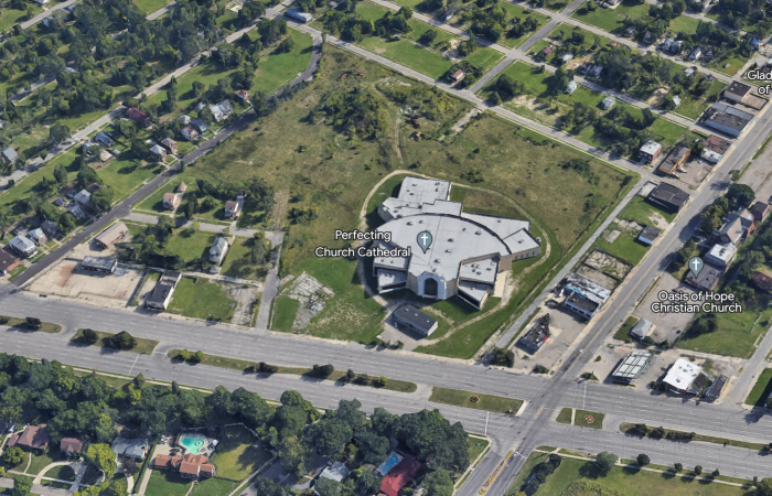 An aerial view of the future home of Perfecting Church in Detroit, Mich., has been under construction for 18 years.