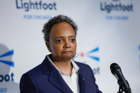 Chicago Mayor Lori Lightfoot speaks at an election night rally at Mid-America Carpenters Regional Council on Feb. 28, 2023, in Chicago, Illinois. Lightfoot lost in her bid for a second term, trailing former public schools executive Paul Vallas and Brandon Johnson, a county board commissioner, both of whom advance to a runoff election on April 4.