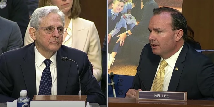 Attorney General Merrick Garland (Left) answering questions from Sen. Mike Lee of Utah (Right) during a Senate Judiciary Committee meeting on Wednesday, March 1, 2023. 