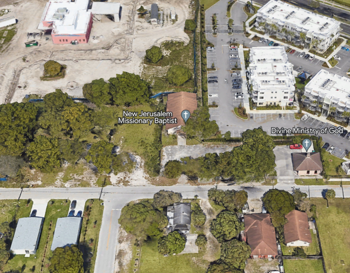 An aerial view of New Jerusalem Missionary Baptist Church in Pompano Beach, Fla.
