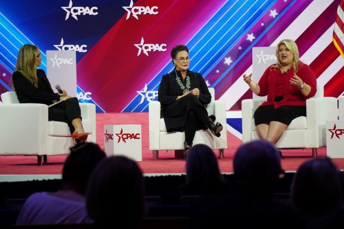 Townhall Editor Katie Pavlich (L), Rep. Harriet Hageman, R-Wyo. (M), and Rep. Kat Cammack, R-Fla. (R) take part in a panel discussion at the 2023 Conservative Political Action Conference at the Gaylord Hotel in National Harbor, Maryland, on March 2, 2023. | Nicole Alcindor/ Christian Post