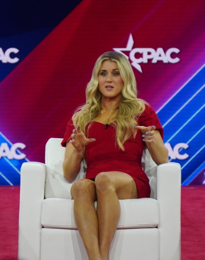 Riley Gaines, 12x all American swimmer speaks on stage at Conservative Political Action Conference (CPAC) to speak on issues in sports when transgender athletes compete against women and her firsthand experiences competing against a transgender athlete. The event took place on March 3, 2023, at the Gaylord National Resort and Convention Center in Washington, D.C.