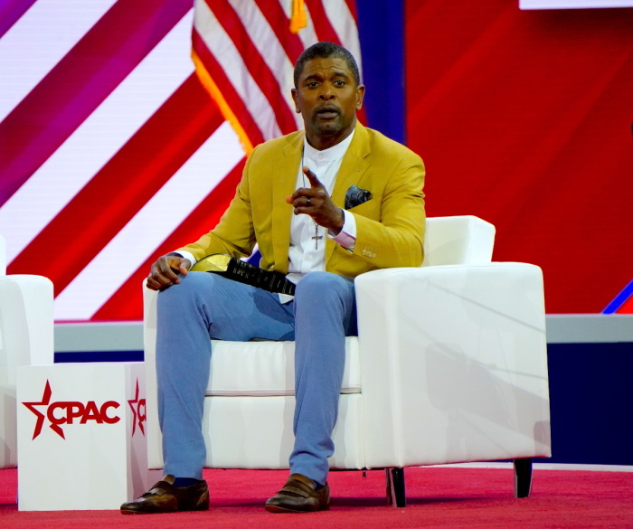 Former NFL player Jack Brewer participates in a panel at the Conservative Political Action Conference on March 3, 2023, at the Gaylord National Resort and Convention Center in National Harbor, Maryland. 
