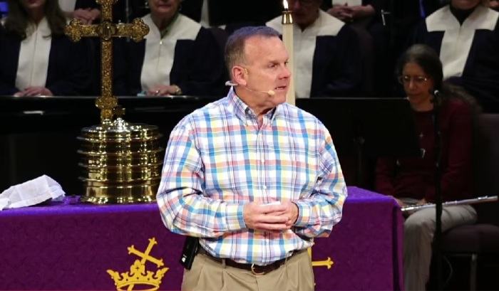 Kyle Gatlin, senior pastor of Covenant United Methodist Church of Dothan, Alabama, preaches a sermon on March 5, 2023. 