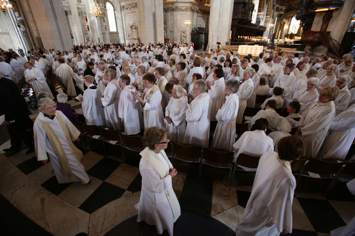 Members of the clergy arrive for a service to mark the 20th anniversary of the ordination of women as priests in the Church of England, at St Paul's Cathedral on May 3, 2014 in London, England. More than 600 women priests attended the service which comes ahead of a vote in July when the Church of England is expected to pass legislation that will allow the women in the church to be ordained as Bishops. 