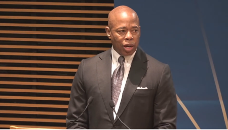 New York City Mayor Eric Adams speaks at a mental health faith-based summit hosted by the Mayor’s Office of Faith Based and Community Partnerships at the International Interfaith Research Lab at Teachers College, Columbia University.