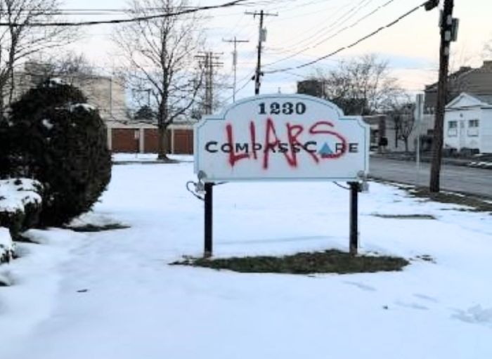 The CompassCare location in Amherst, New York, was vandalized with graffiti in the early morning hours of March 16, 2023. 