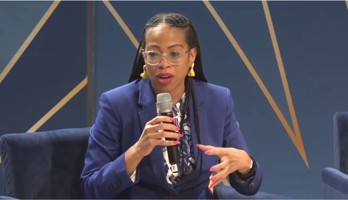 Dr. Ayana Jordan speaks at a mental health faith-based summit hosted by the Mayor’s Office of Faith-Based and Community Partnerships at the International Interfaith Research Lab at Teachers College, Columbia University on March 16, 2023.