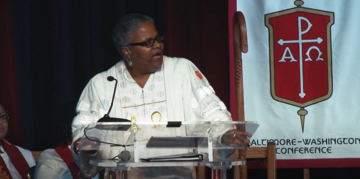 Bishop LaTrelle Easterling of The Baltimore-Washington Conference of The United Methodist Church gives remarks at a 2019 meeting of the regional body. 