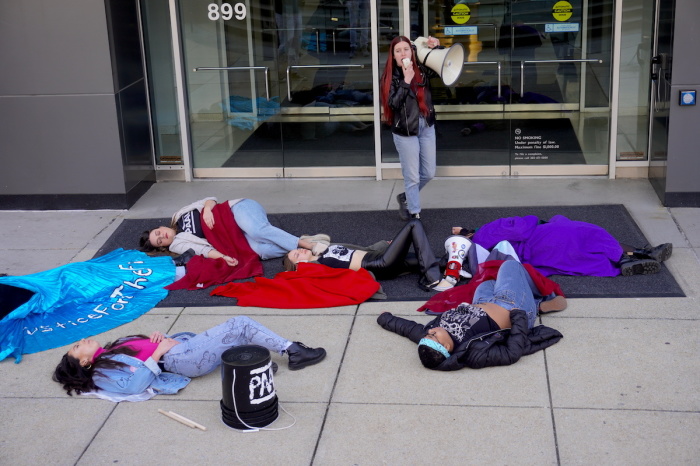 Demonstrators lay on the ground in front of the D.C. Board of Medicine office in Washington, D.C. on March 21, 2023. The Progressive Anti-Abortion Uprising is holding a weeklong series of events to call for 'justice' for the five full-term aborted babies discovered by activists Terrisa Bukovinac and Lauren Handy last March. 