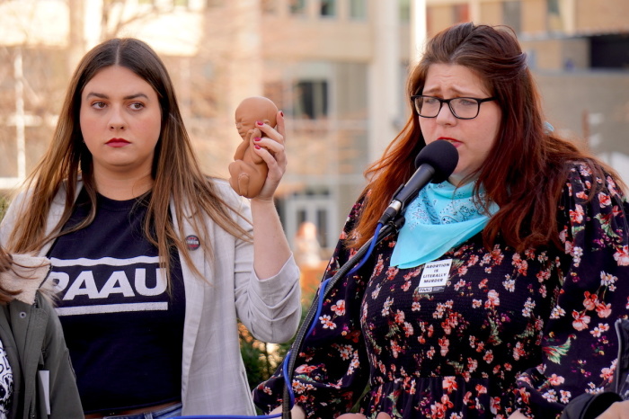 Lauren Handy (R), director of activism at Progressive Anti-Abortion Uprising (PAAU), and PAAU Executive Director Caroline Taylor Smith (L) speak during a press conference in March 2023. 