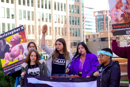 Demonstrators speak at the Progressive Anti-Abortion Uprising's press conference and demonstration outside the D.C. Board of Medicine office in Washington, D.C., on March 21, 2023. PAAU held a weeklong series of events to raise awareness and call for