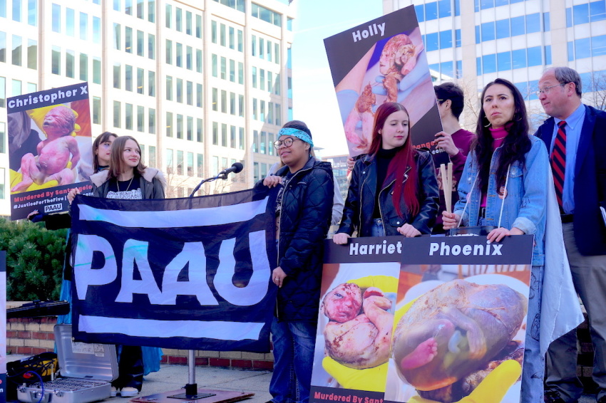 Demonstrators speak at the Progressive Anti-Abortion Uprising's press conference and demonstration outside the D.C. Board of Medicine office in Washington, D.C. on March 21, 2023. PAAU held a weeklong series of events to raise awareness and call for 