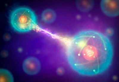 Quantum entanglement.  Conceptual drawing of a pair of entangled quantum particles or events (left and right) interacting at a distance.  Quantum entanglement is one of the consequences of quantum theory.  The two particles will appear to be linked across space and time, with changes to one particle (such as an observation or measurement) affecting the other.  This instantaneous effect appears to be independent of both space and time, meaning that in the quantum realm the effect can precede the cause.