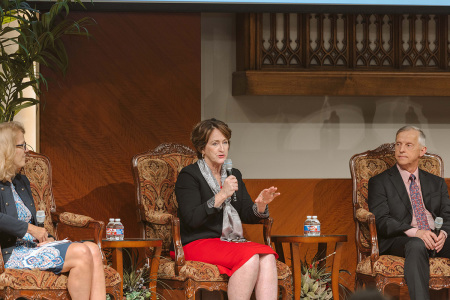 Marry Rice Hasson (center) addresses concerns for women's rights during a panel discussion about combatting trans ideology titled, 'Unmasking Gender Ideology: Protecting Children, Confronting Transgenderism' at First Baptist Dallas on March 23, 2023.