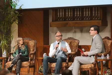 Jeff Myers, Ph.D., the president of Summit Ministries and co-author of the e-book with The Christian Post's Brandon Showalter (right), titled 'Exposing The Gender Lie,' speaks at an event held at First Baptist Dallas titled, 'Unmasking Gender Ideology: Protecting Children, Confronting Transgenderism' alongside counselor Julia Jeffress Sadler (left), on March 23, 2023.