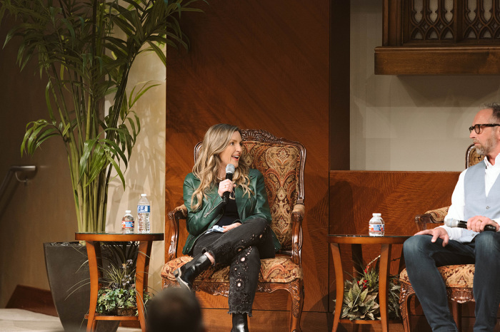 Julia Jeffress Sadler, bestselling author of “Pray Big Things,” licensed professional counselor and the Next Gen Minister at First Baptist Dallas (left), and Jeff Myers, Ph.D. (right), the president of Summit Ministries and co-author of the book, 'Exposing The Gender Lie,' speak at CP's event held at First Baptist Dallas titled, 'Unmasking Gender Ideology: Protecting Children, Confronting Transgenderism' on March 23, 2023.