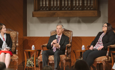 Dr. Andre Van Mol (center) speaks during a panel discussion at The Christian Post's event, 'Unmasking Gender Ideology: Protecting Children, Confronting Transgenderism' at First Baptist Dallas on March 23, 2023. Also pictured is Mary Hasson, a lawyer with the Ethics & Public Policy Center (left) and Amie Ichikawa of the organization Woman II Woman (right). 