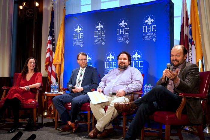 New York Times columnist Ross Douthat (R) moderates a panel discussion on assisted suicide hosted by the Institute for Human Ecology (IHE) at The Catholic University of America in Washington, D.C. on March 28, 2023. From left to right: author Leah Libresco, The New Atlantis Editor Ari Schulman, Creighton University School of Medicine Professor Charlie Camosy, Ross Douthat. 