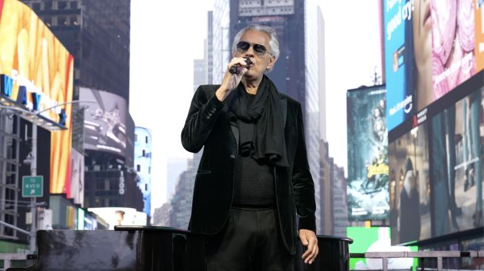 Andrea Bocelli sings in Times Square for TBN's broadcast of “The Journey: A Music Special From Andrea Bocelli.” 